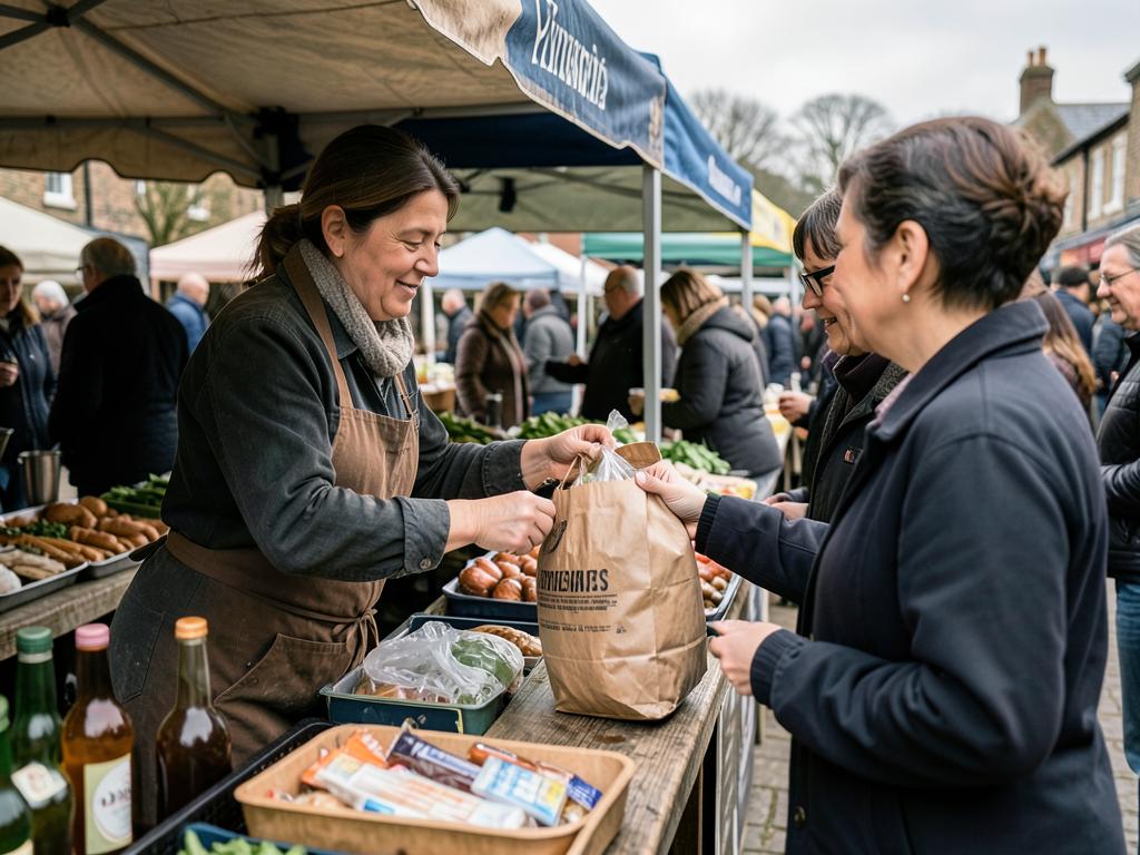A stallholder handing a paper bag to a customer at their stall