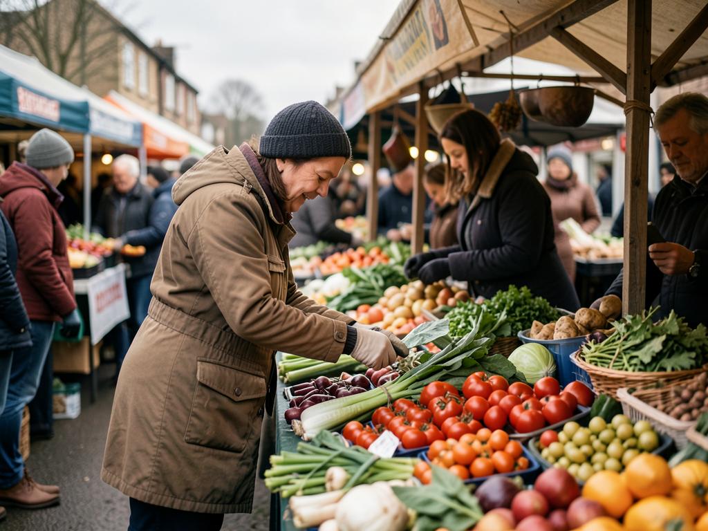 A shopper choosing fresh vegetables at a market stall