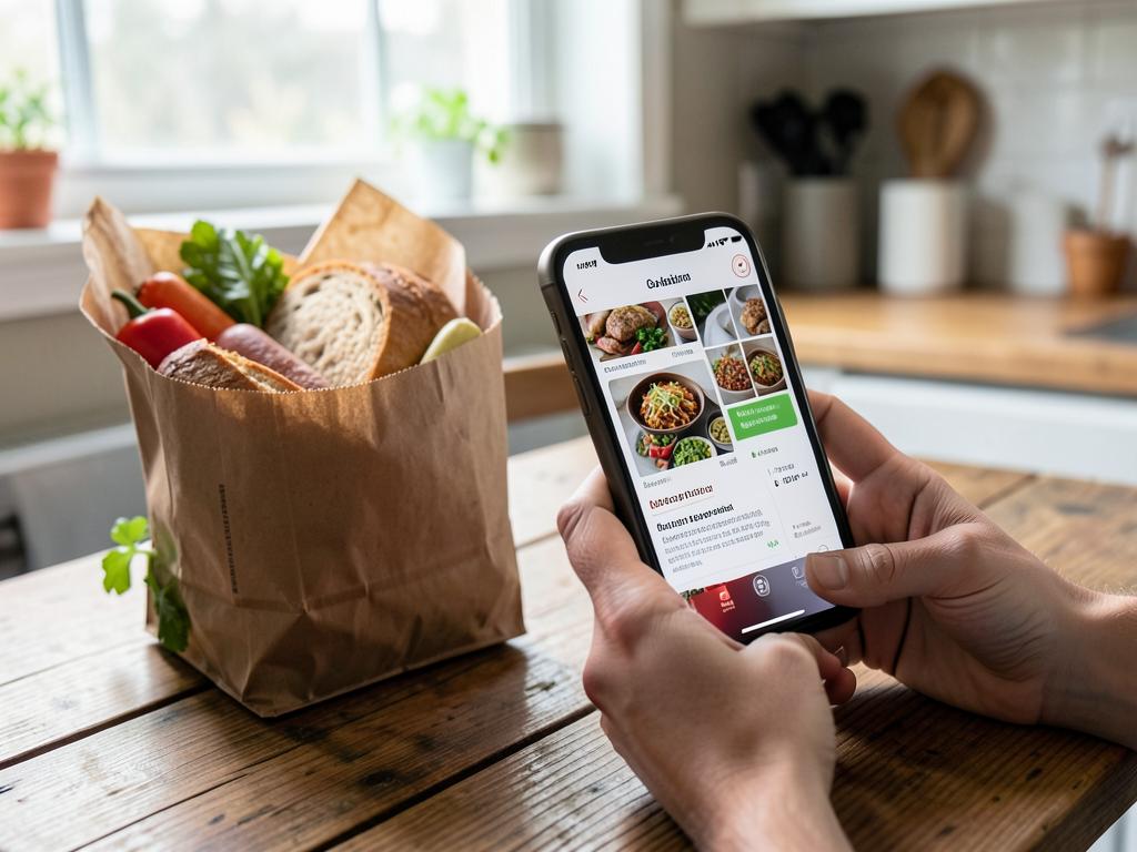 Ordering food on a phone next to a bag of market produce